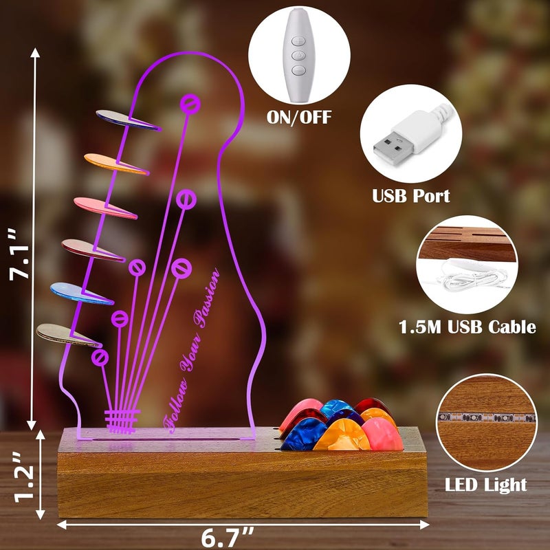 VGJ Light Up Guitar Pick Holder, Acrylic 3D LED Guitar Pick Lamp 7-Color Wooden Base Guitar Pick Storage Rack,For Picks Storage And Display,A Christmas Birthday Gift For Music Lovers And Guitarists - Image 2